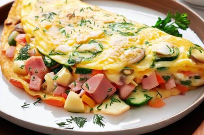 One-Serving Veggie Breakfast Omelette with Cheese, Ham, Herbs, and Veggies