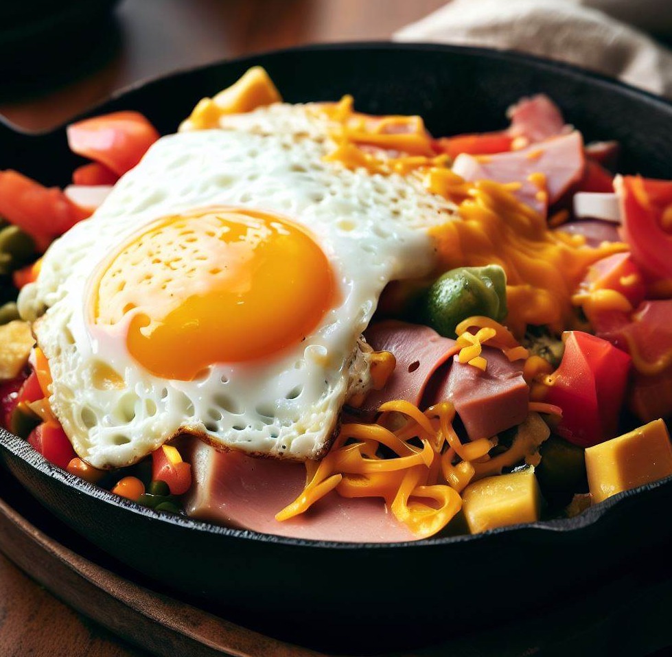 One-Serving Veggie Breakfast Skillet with Eggs, Cheese, Ham, Veggies, and Salsa