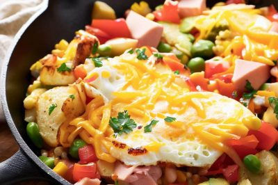 One-Serving Veggie Breakfast Skillet with Eggs, Cheese, Ham, and Veggies