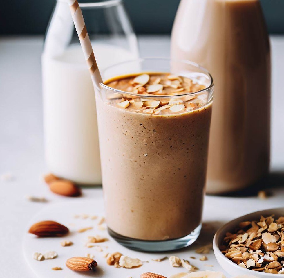 Peanut Butter and Banana Smoothie with Almond Milk, Honey, and Granola
