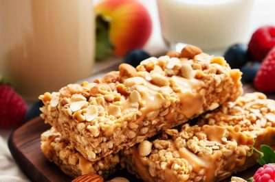 Peanut Butter and Honey Granola Bar with Fresh Fruit and Almond Milk
