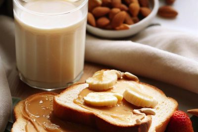 Peanut Butter and Honey Toast with Almond Milk and Fresh Fruit
