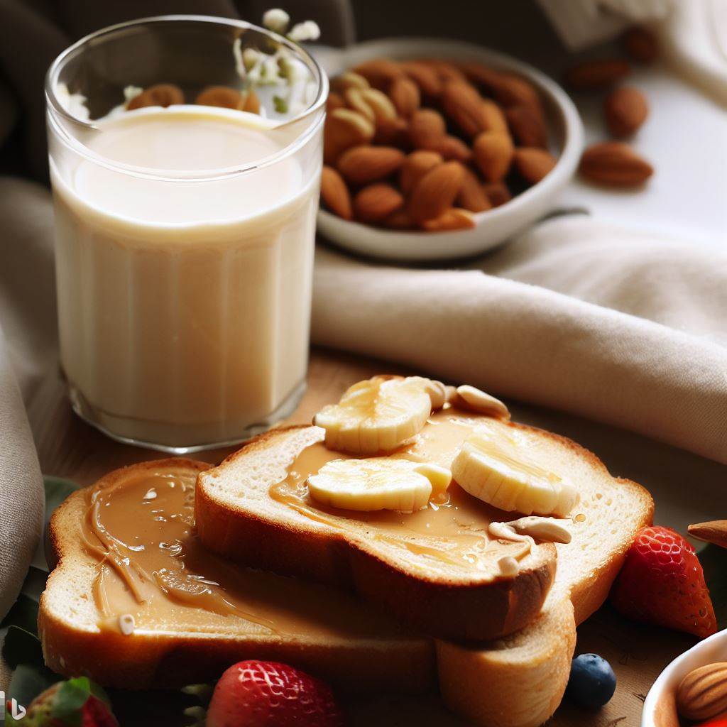 Peanut Butter and Honey Toast with Almond Milk and Fresh Fruit