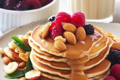 Peanut Butter and Jelly Pancakes with Almond Milk and Fresh Fruit