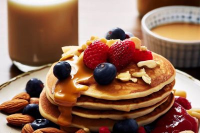 Peanut Butter and Jelly Pancakes with Fresh Fruit and Almond Milk