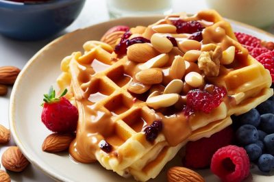 Peanut Butter and Jelly Waffles with Fresh Fruit and Almond Milk