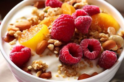 Raspberry, Fruit Compote, Mixed Nuts and Granola Yogurt Bowl