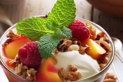 Refreshing Peppermint Fruit Compote with Mixed Nuts and Granola Yogurt