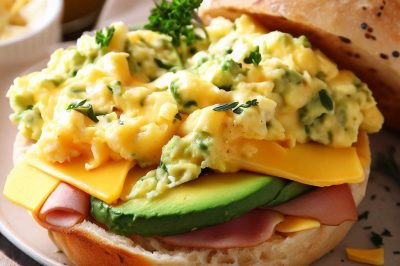 Scrambled Eggs with Cheese, Herbs, Avocado and Ham on an English Muffin
