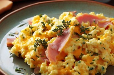 Scrambled Eggs with Cheese, Herbs, and Ham