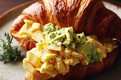 Scrambled Eggs with Cheese and Herbs on a Croissant with Avocado, Ham, and Veggie