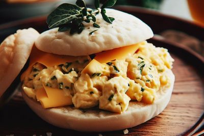Scrambled Eggs with Cheese and Herbs on an English Muffin