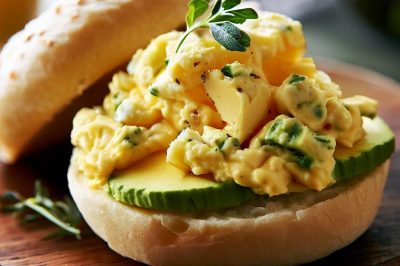 Scrambled Eggs with Cheese and Herbs on an English Muffin with Avocado