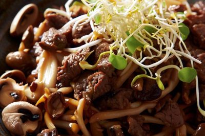 Stir-Fried Beef and Bean Sprouts and Mushrooms