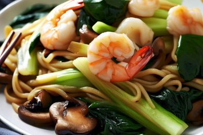 Stir-Fried Noodles with Shrimp, Bok Choy and Mushrooms
