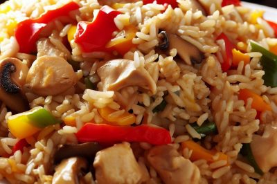 Stir-Fried Rice with Chicken, Bell Peppers, and Mushrooms