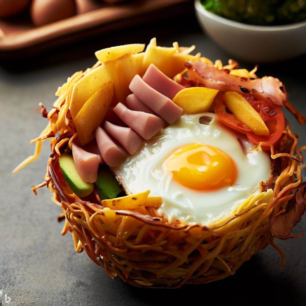 Baked Egg in a Nest of Crispy Potatoes, Ham, Cheese and Veggies