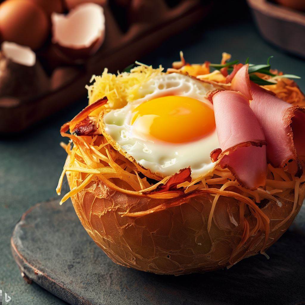 Baked Egg in a Nest of Crispy Potatoes and Ham, Cheese