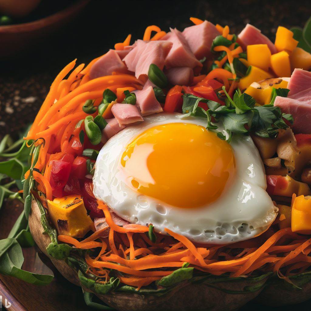 Baked Egg in a Nest of Sweet Potatoes, Ham, Cheese, Veggies, Herbs and Salsa