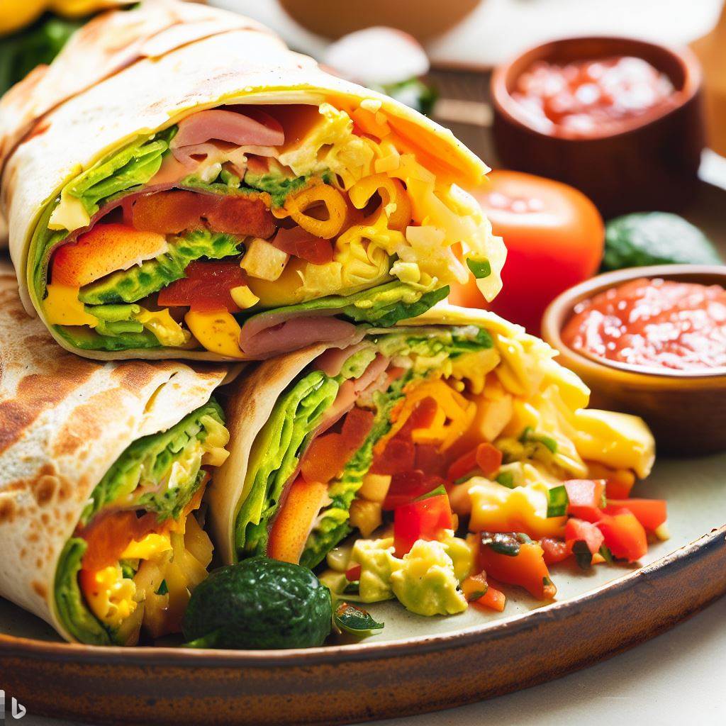 Delicious Veggie Breakfast Burrito with Eggs, Cheese, Ham, Veggies, Salsa and Avocado