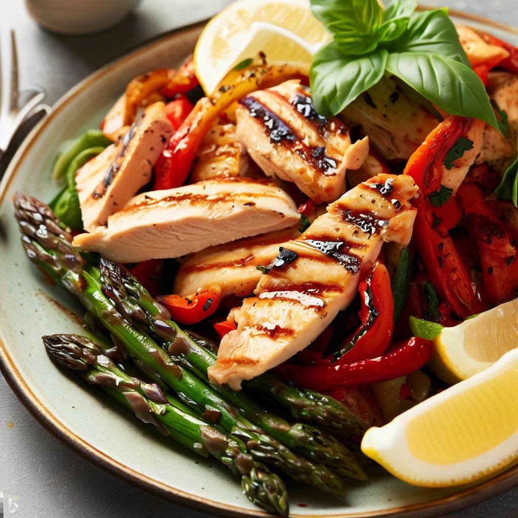 Grilled Chicken, Roasted Red Pepper and Asparagus Salad with Lemon Basil Dressing