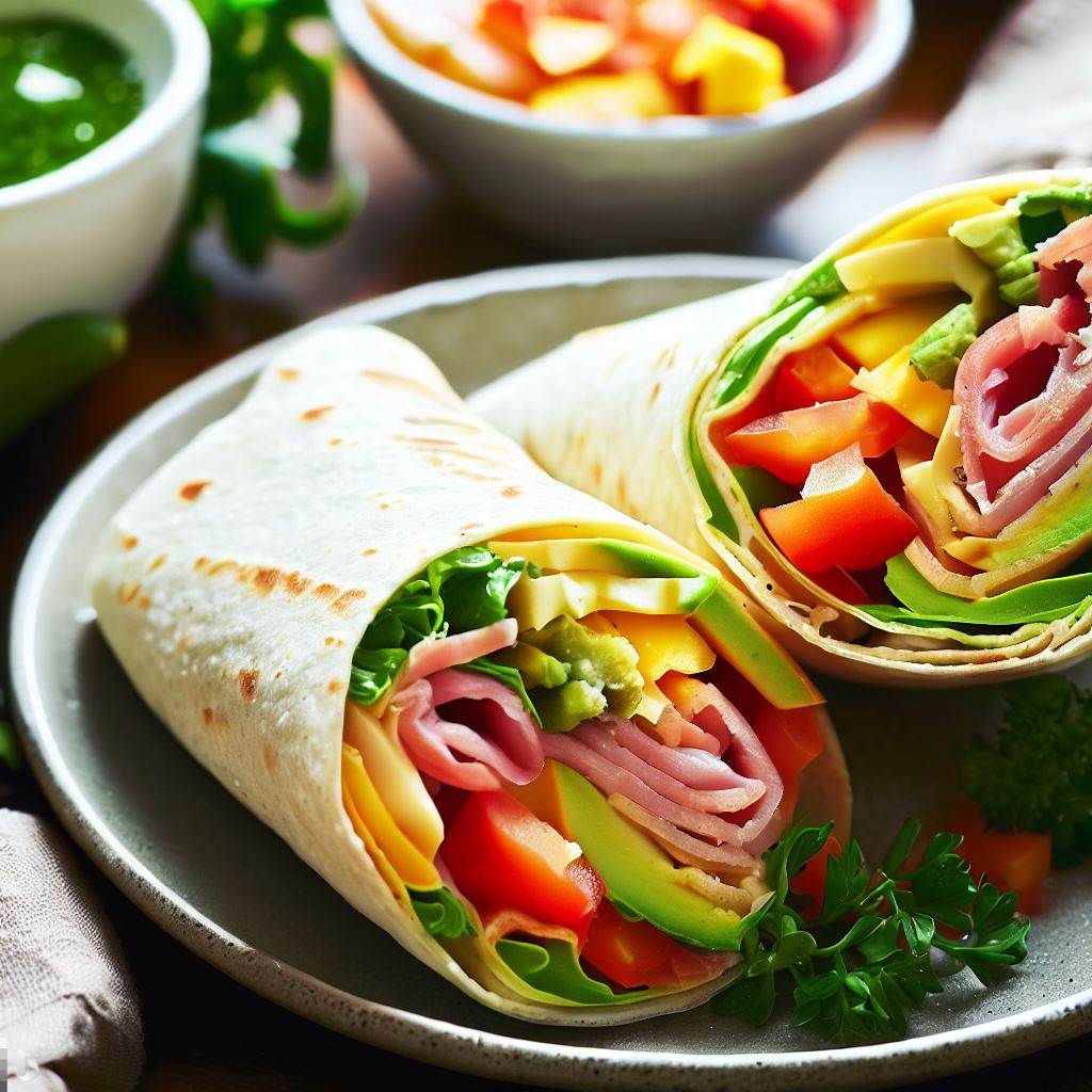 Ham and Cheese Breakfast Wrap with Salsa, Avocado, Herbs, and Veggies