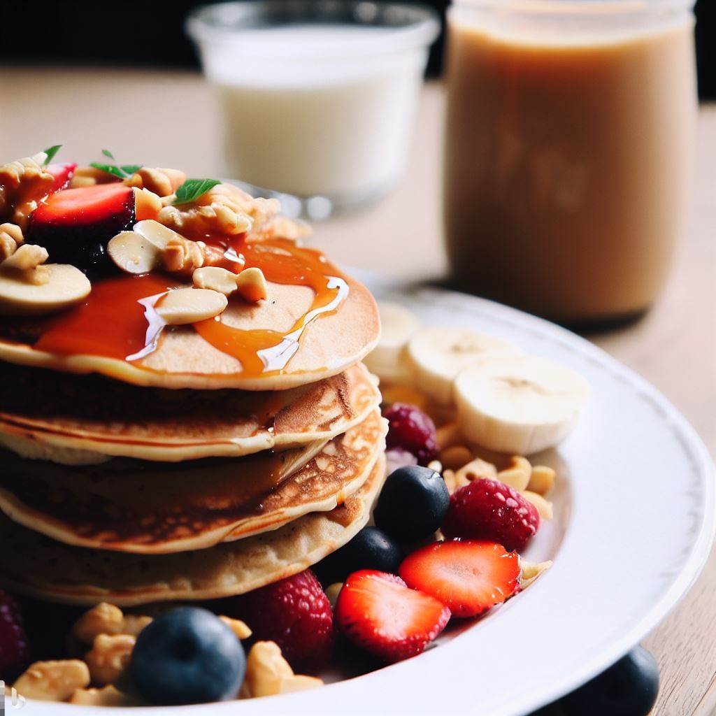 Peanut Butter and Jelly Pancakes with Almond Milk, Fresh Fruit, and Granola