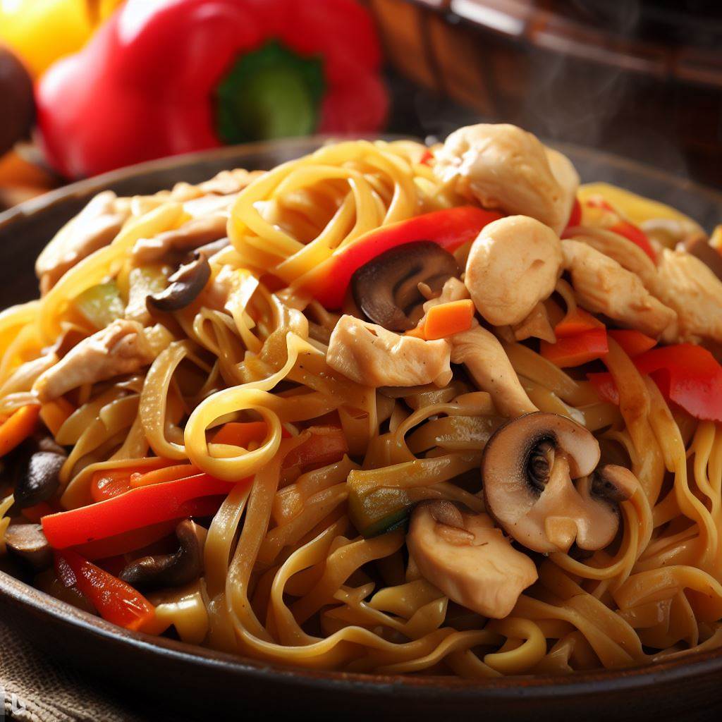 Quick and Easy Stir-Fried Noodles with Chicken, Bell Peppers, and Mushrooms