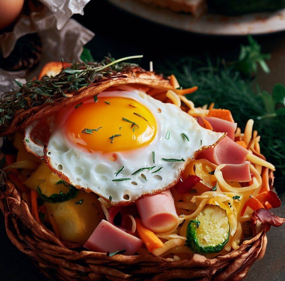 Baked Egg in a Nest of Crispy Potatoes, Ham, Cheese, Veggies and Herbs