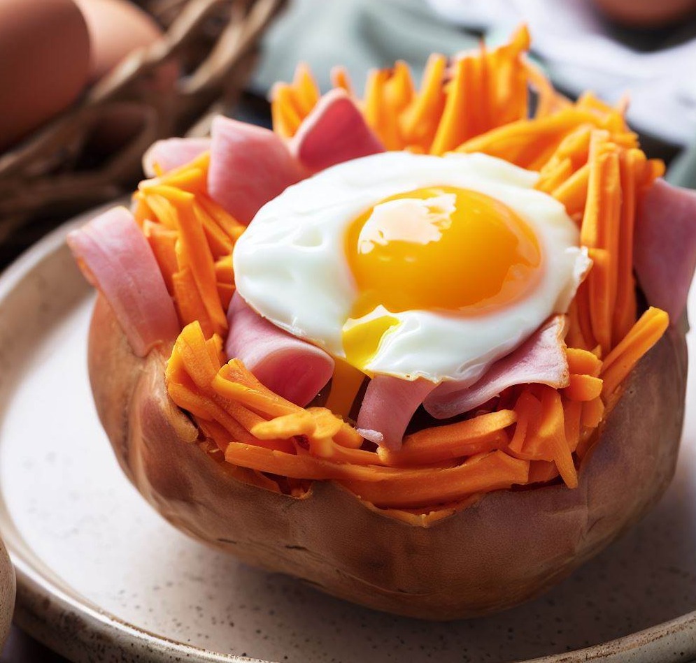 Baked Egg in a Nest of Sweet Potatoes, Ham and Cheese