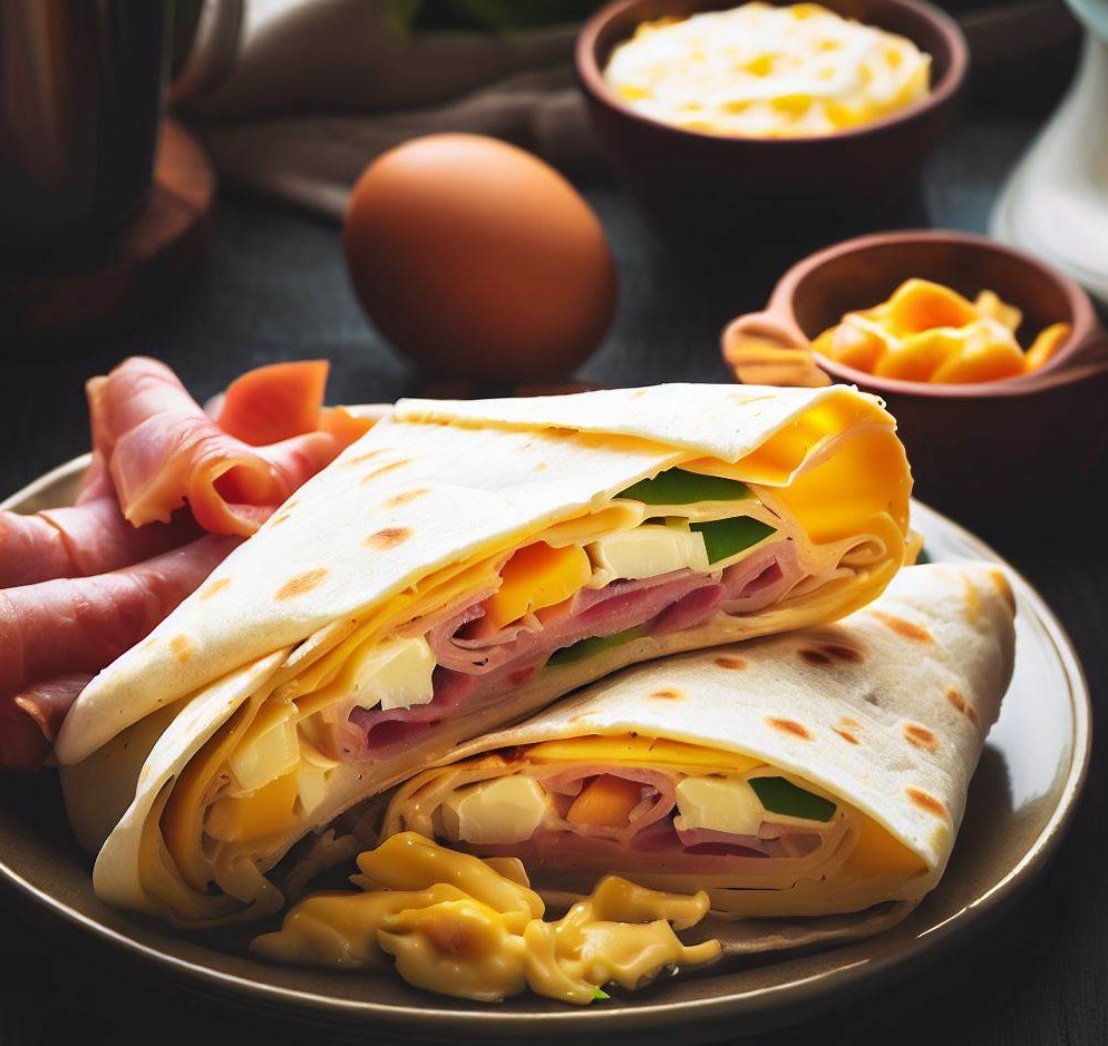 Delicious Breakfast Wrap with Eggs, Cheese, and Ham