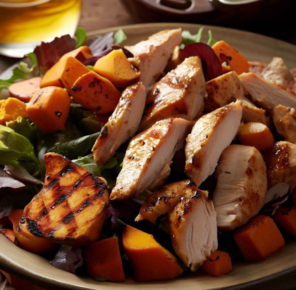 Grilled Chicken and Roasted Sweet Potato Salad with Apple Cider Vinaigrette
