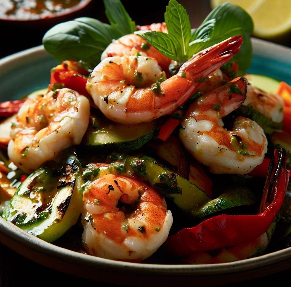 Grilled Shrimp and Roasted Red Pepper and Zucchini Salad with Chimichurri Dressing