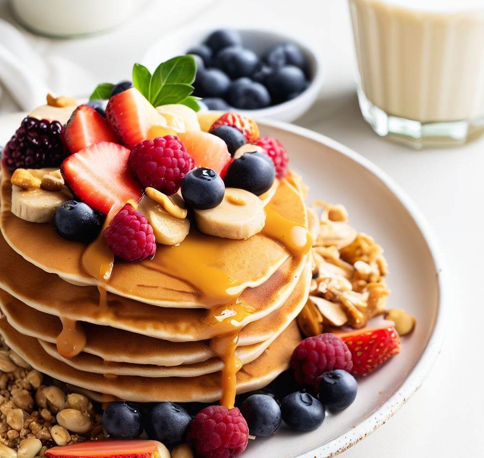 One-Serving Peanut Butter and Honey Pancakes with Almond Milk, Fresh Fruit, Granola, and Mixed Berries