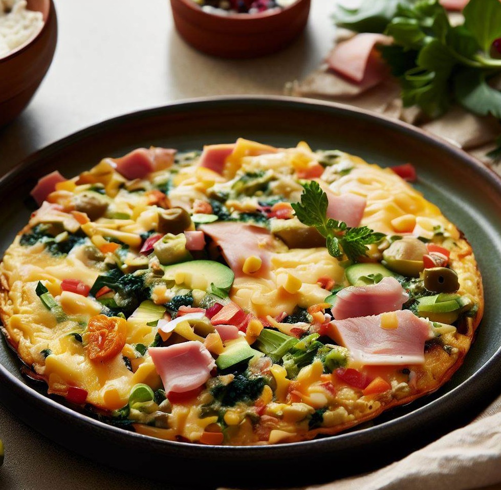 One-Serving Veggie Breakfast Frittata with Cheese, Ham, Herbs, Veggies, and Salsa