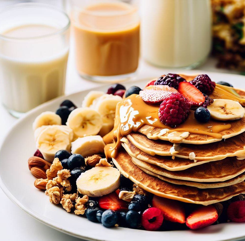 Peanut Butter and Banana Pancakes with Almond Milk, Fresh Fruit, Granola, Mixed Berries, and Honey