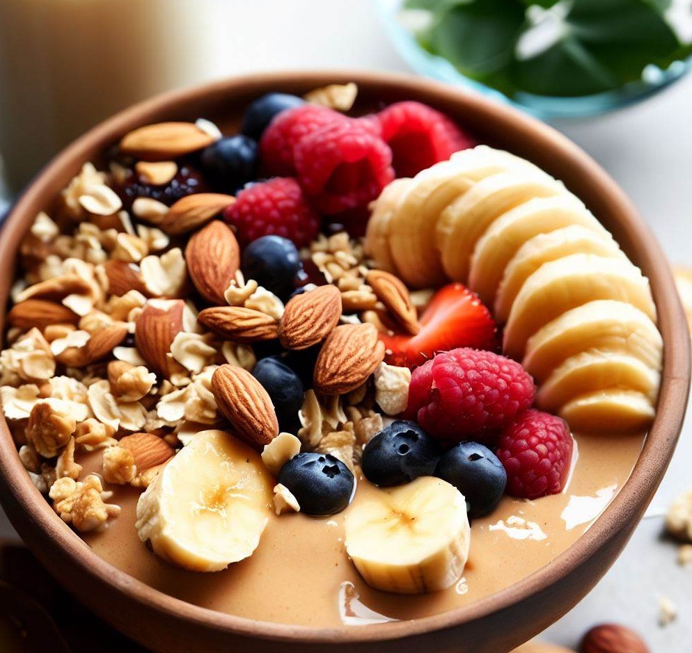 Peanut Butter and Banana Smoothie Bowl with Fresh Fruit, Almond Milk, Granola, and Mixed Berries