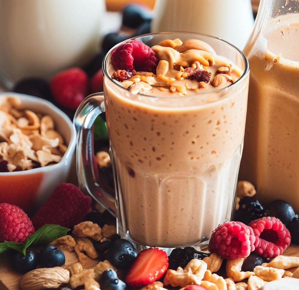 Peanut Butter and Honey Smoothie with Almond Milk, Mixed Berries, Granola, and Fresh Fruit