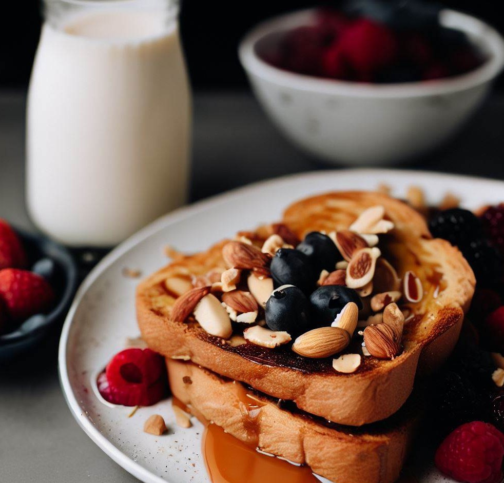 Peanut Butter and Jelly French Toast with Almond Milk, Fresh Fruit, and Granola