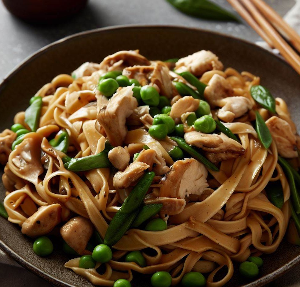 Quick and Easy Stir-Fried Noodles with Chicken, Snow Peas, and Mushrooms