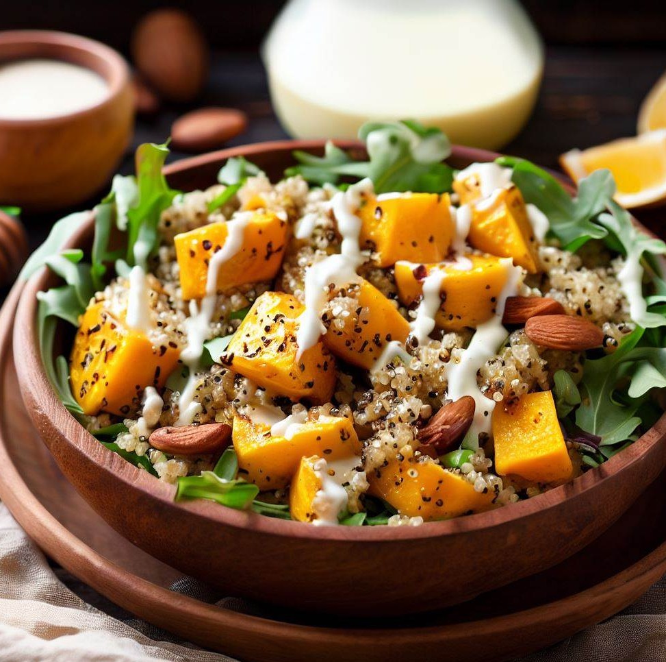 Quinoa and Roasted Butternut Squash and Arugula Salad with Lemon Tahini Dressing