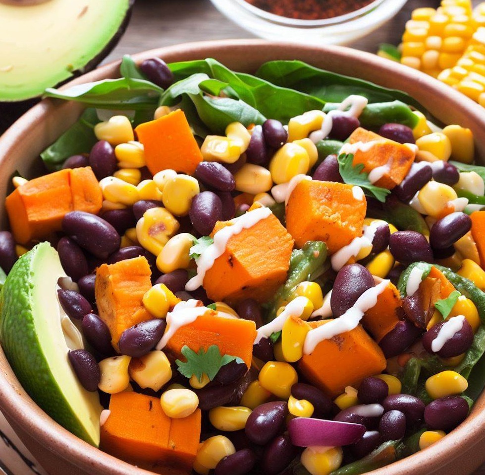 Roasted Sweet Potato, Black Bean and Corn Salad with Avocado Lime Dressing