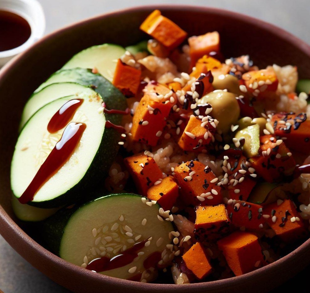 Roasted Sweet Potato and Quinoa Cucumber Salad with Miso Dressing