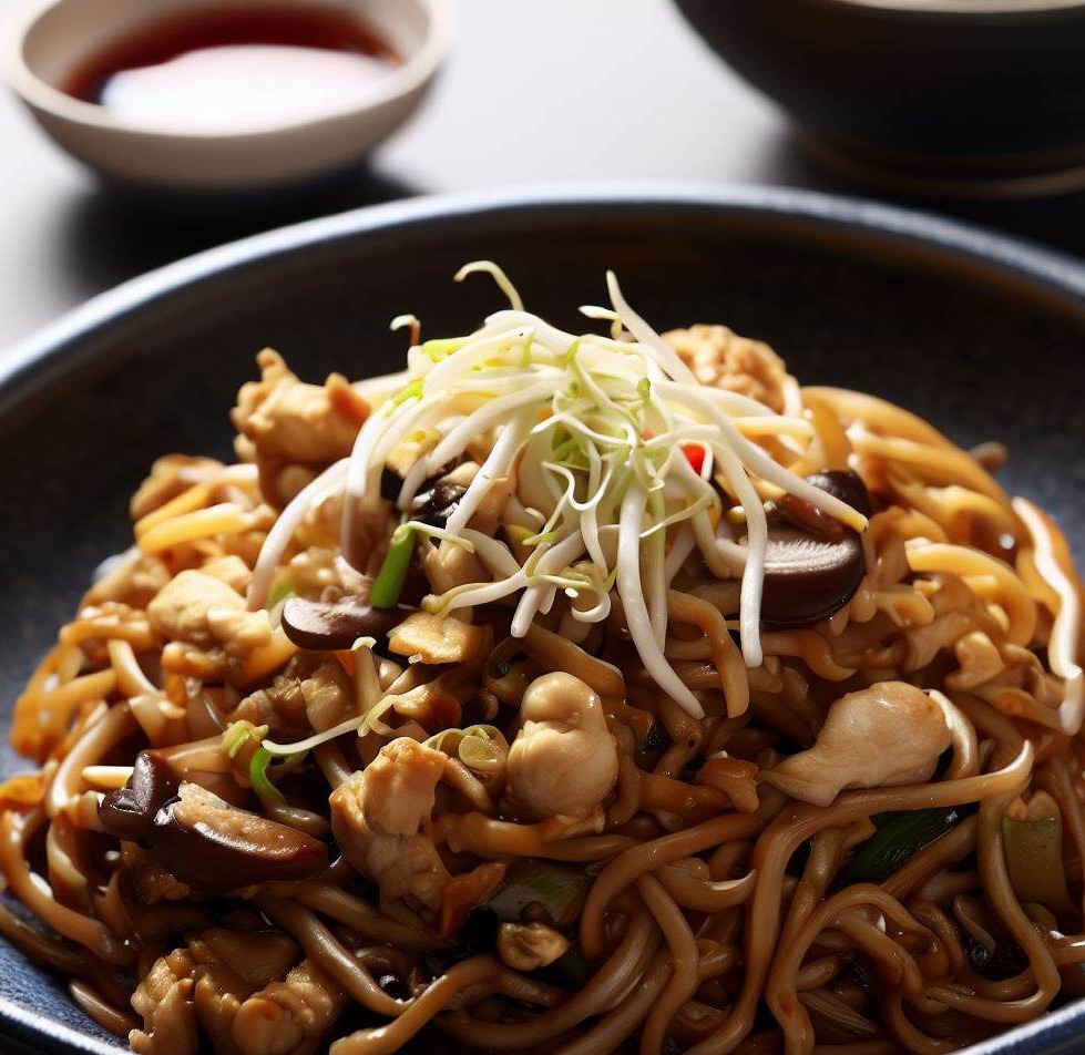 Stir-Fried Noodles with Chicken, Bean Sprouts and Mushrooms