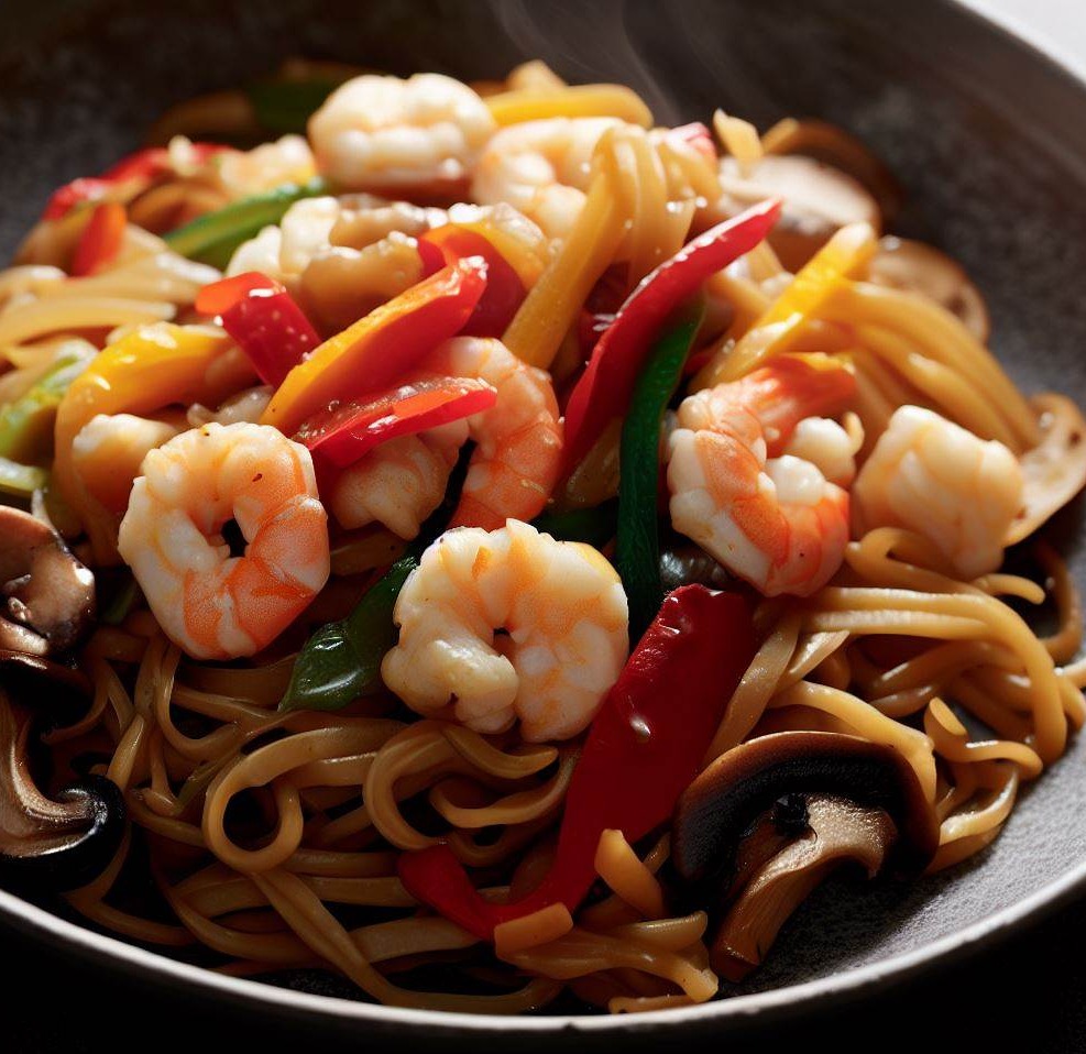 Stir-Fried Noodles with Shrimp, Bell Peppers, and Mushrooms