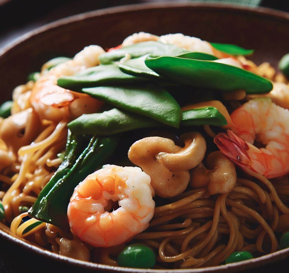 StirFried Noodles with Shrimp, Snow Peas and Mushrooms