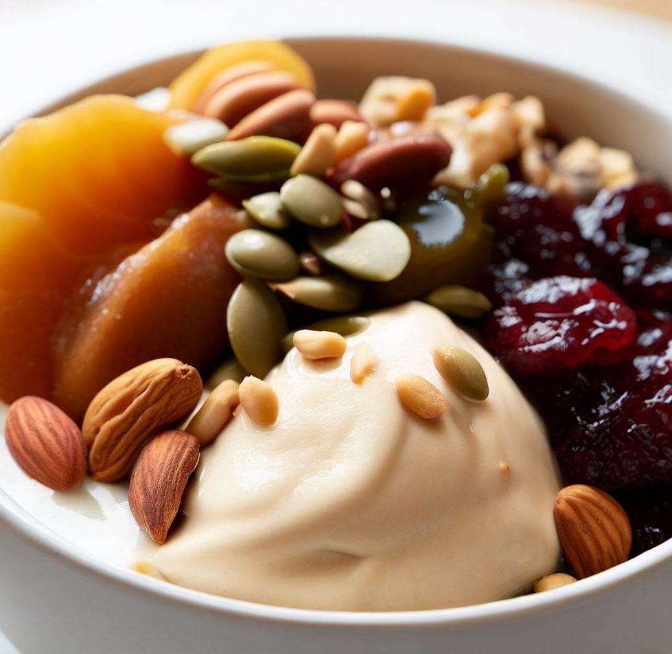 Sunflower Seed Butter, Fruit Compote, and Mixed Nuts Yogurt Bowl